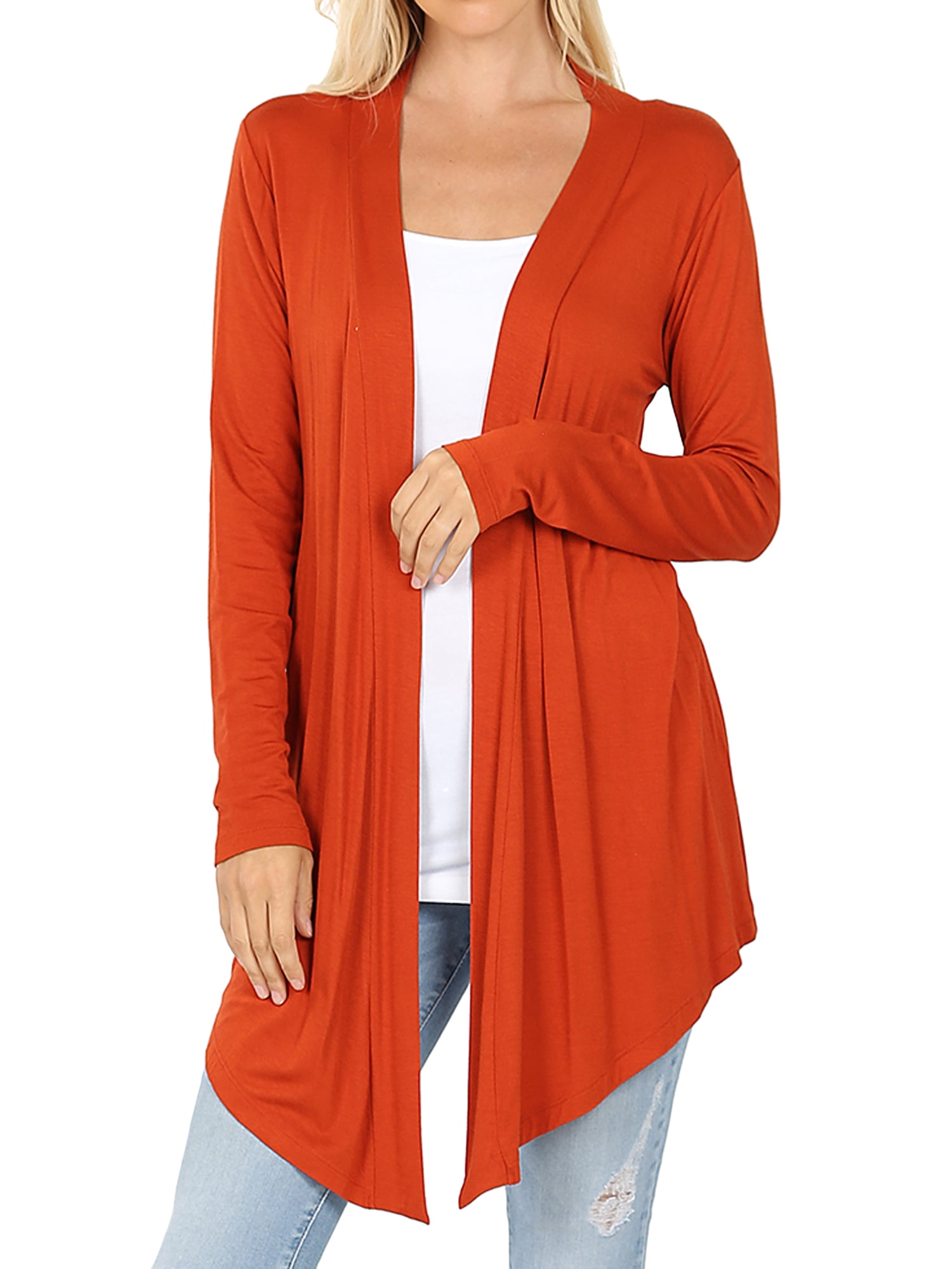 Women & Plus Draped Open Front Long Sleeve Flowy Light Cardigan (Copper
