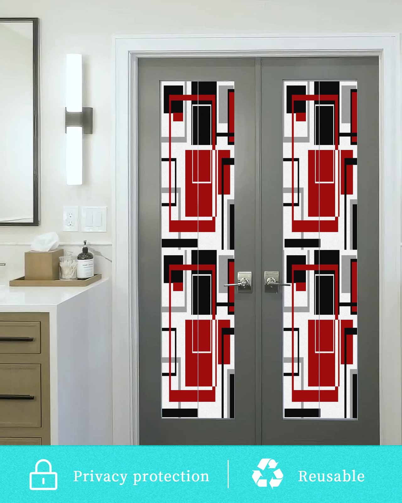 Window Privacy Film Red Black Geometric Stained Glass Window Film Decorative Sun Block Window Cover Contemporary Gray Abstract Stripes Window Clings Static Adhesive Sticker for Bathroom 17.7"x78.7"
