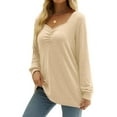 thumbnail image 5 of HAiming Women's V Neck Tops 2025 Trendy Solid Long Sleeve Pleated Tunic Shirts Fall Casual Loose Pullover Blouse, 5 of 9