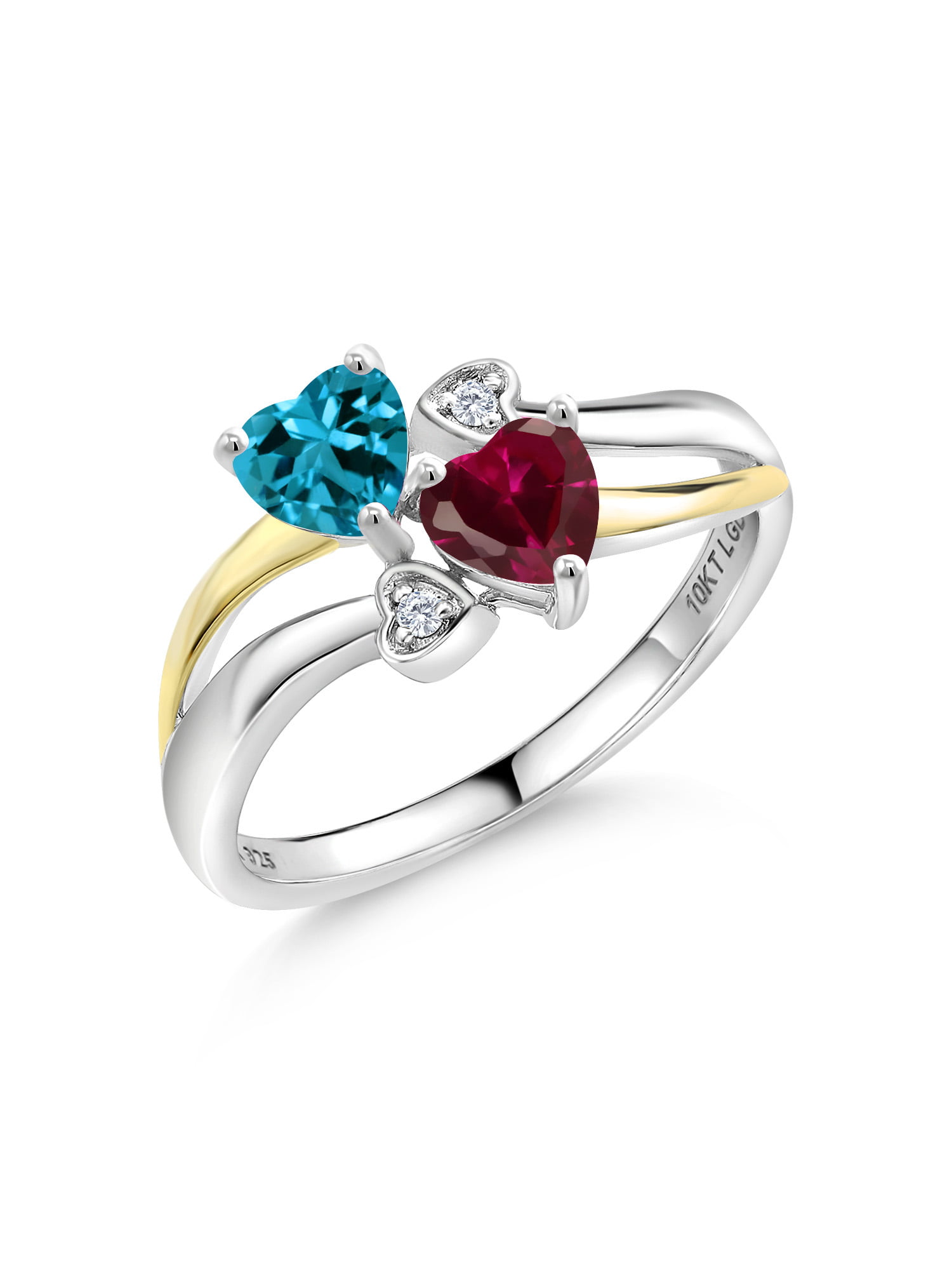 Gem Stone King 1.17 Ct London Blue Topaz Red Created Ruby 925 Silver and  10K Yellow Gold Lab Grown Diamond Ring with 4 Hearts