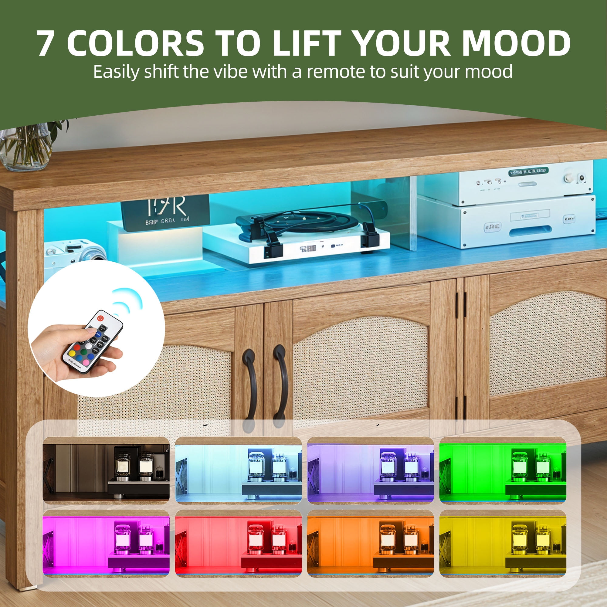 Uforic Farmhouse TV Stand for 65 inch TV, Entertainment Center with LED Light, TV Media Console Cabinet, 59" Oak