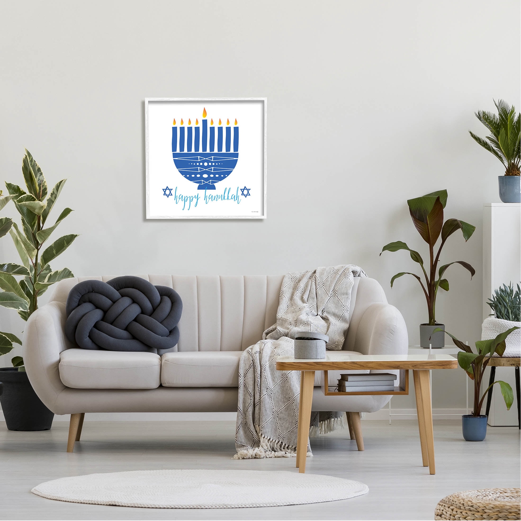 Happy Hanukkah Patterned Blue Menorah Holiday Graphic Art White Framed Art Print Wall Art