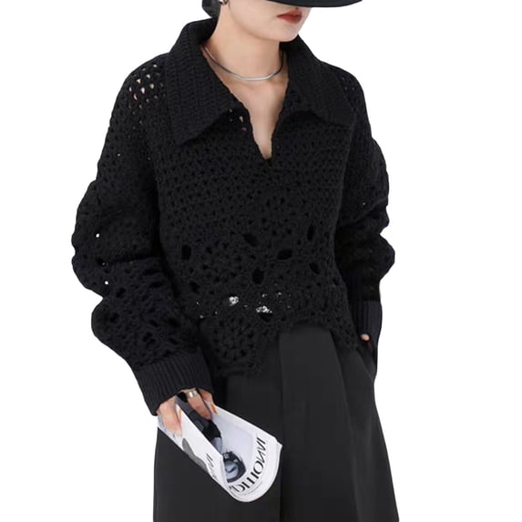 Liacowi Women Juniors Hollow Out Knitted Sweater Folder Collar Loose Fit Long Sleeve Pullover Irregular Hem OneSize Tops