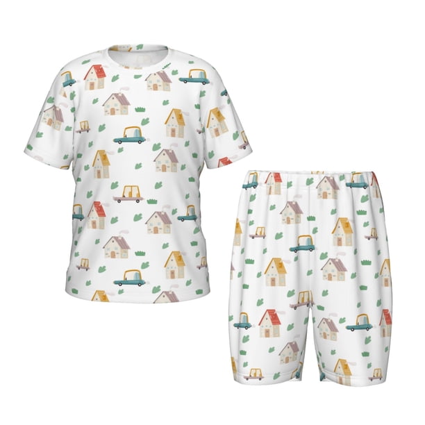 Balery Cartoon House Conjunto de Pijama Infantil de Manga Corta con Estampado – Ropa de Dormir de Algodón Suave-4X-Large