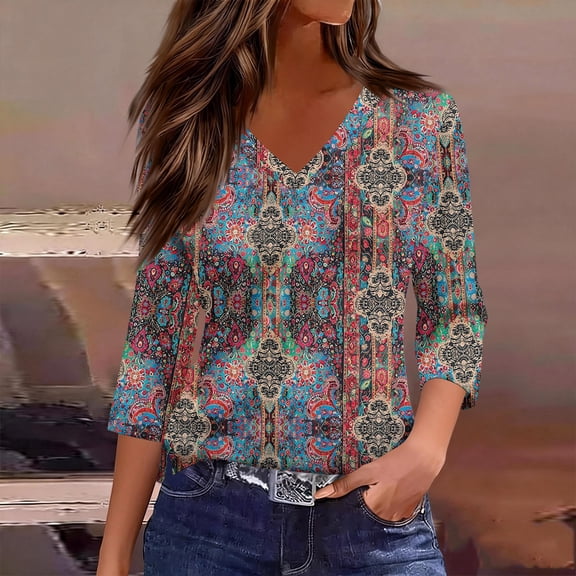Women's V Neck 3/4 Sleeve Tops Casual Ditsy Floral Print Loose Fit Spring Summer Blouses Gray S