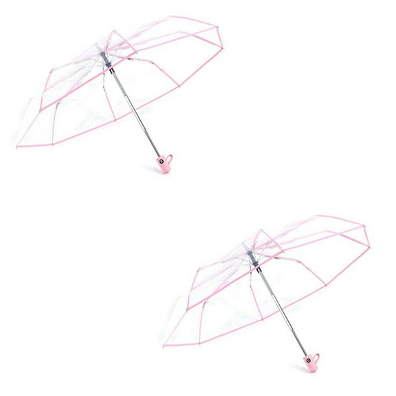 2X Umbrella Automatic Umbrella Rain Women Men Auto Umbrella Compact Folding Transparent   Pink Border