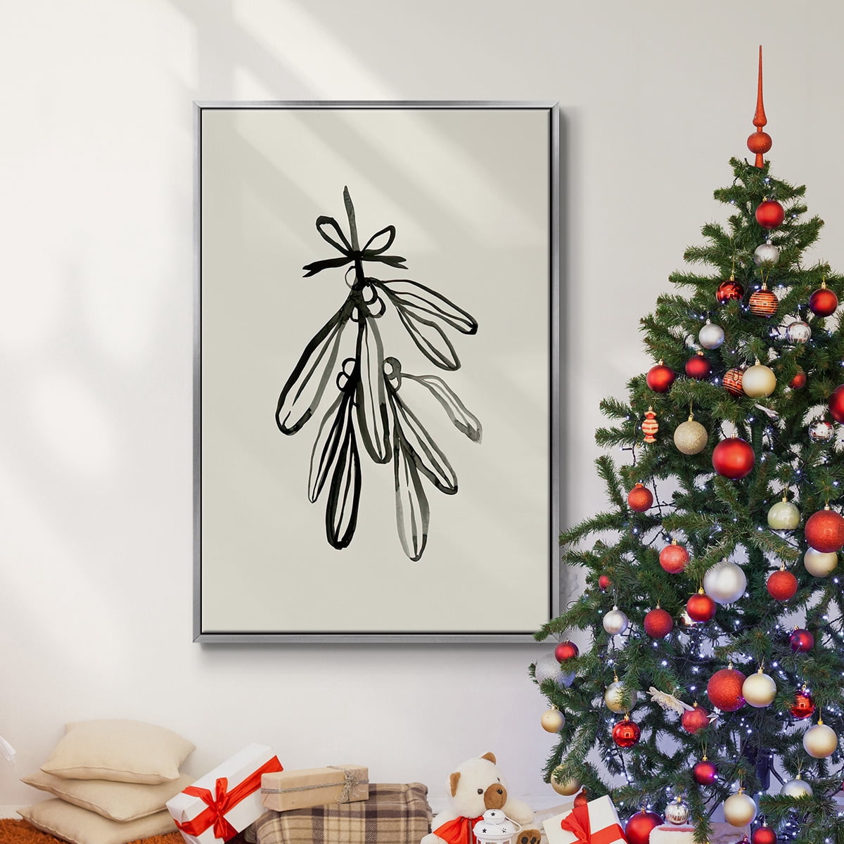 Mistletoe Sketch with Bows I - Framed Gallery Wrapped Holiday Canvas - 25 x 37 - Silver Frame