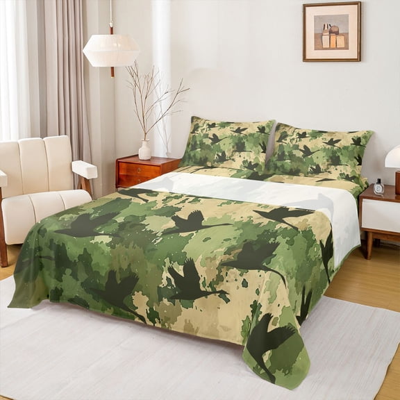 Homewish Animal Mallard Duck Twin Sheet Sets 3pcs for Boys Girls,Abstract Camouflage Camo Twin Fitted Sheet Microfiber,Retro Vintage Aesthetic Breathable Flat Sheet,Ultra Soft Home Decor