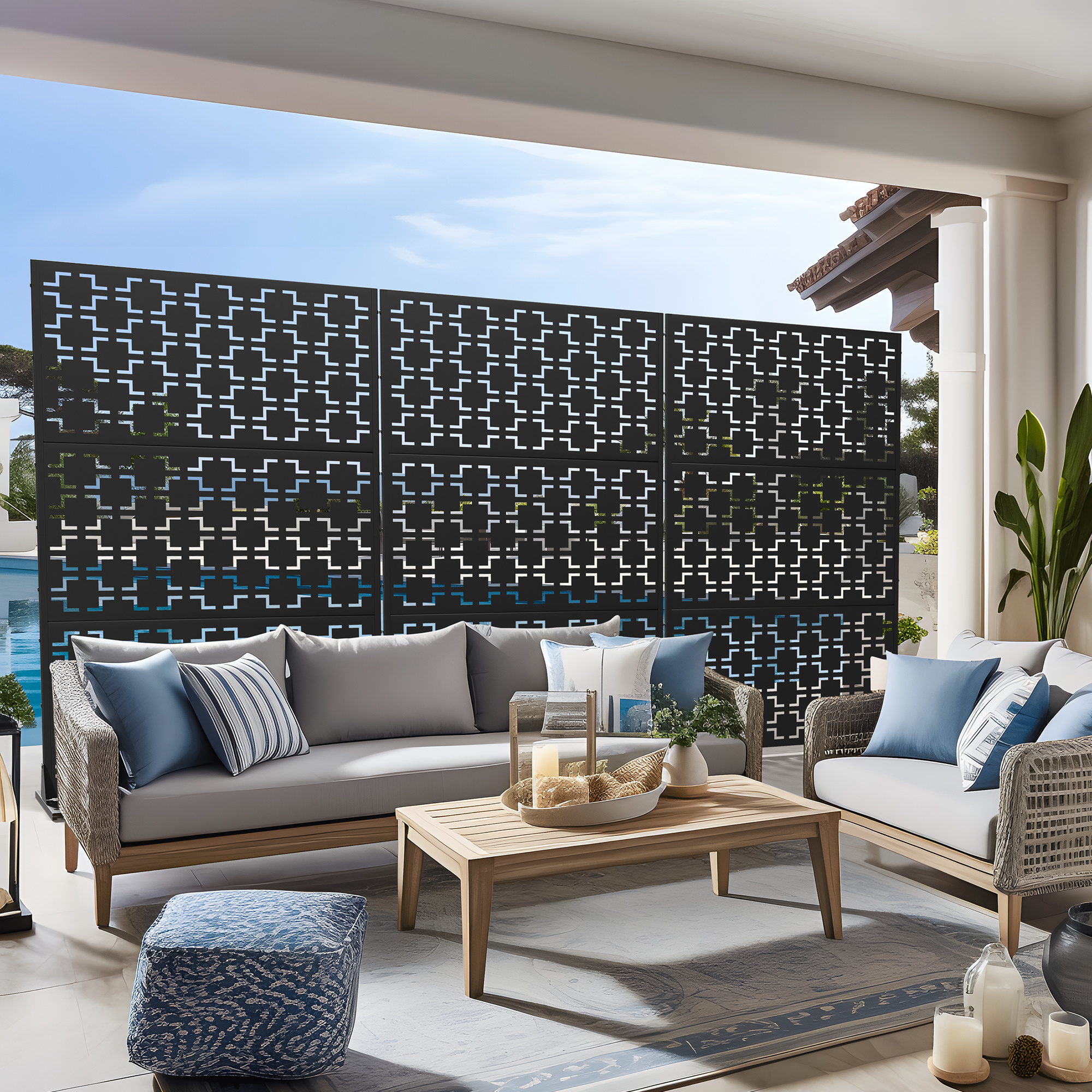 72"x47" Outdoor Privacy Screen with Stand Metal Balcony Decorative Screen,Black