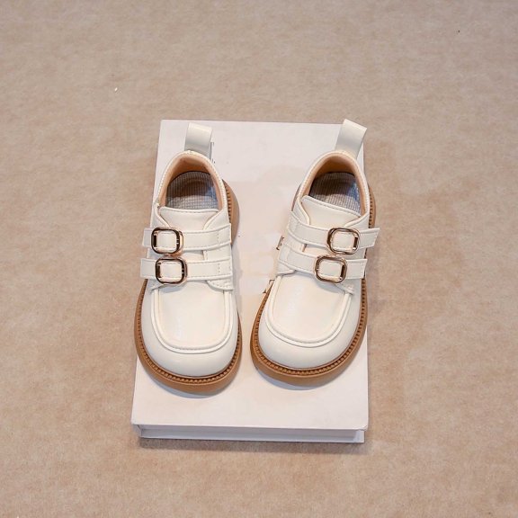 JUSLIO Girl Shoes Flat British Style Loafers Buckle (Toddler/Little Kid/Big Kid) Leather Shoes 26(US:9.5) Beige