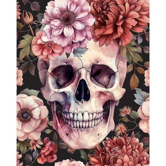 shiyou-Paint by Numbers Kit for Adults - Paint by Number on Canvas Without Frame, Skull and Flowers DIY Acrylic Painting for Ideal Gift Home Wall Decor (16x20 Inch)
