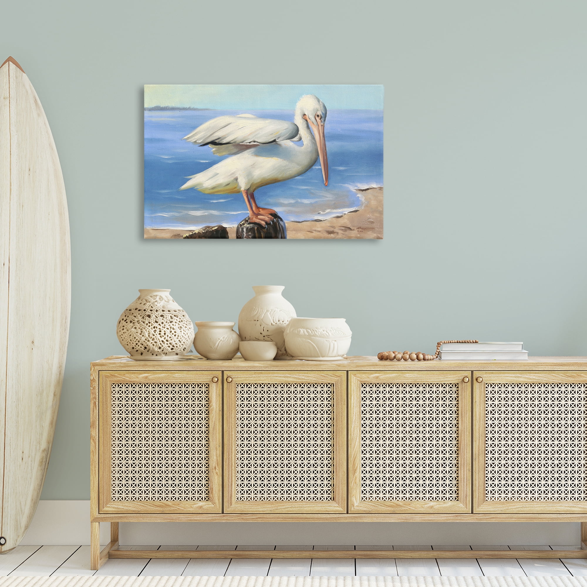 Stupell Industries Beach Scene Pelican Animals & Insects Painting Gallery Wrapped Canvas Art Print Wall Art, 36 x 24