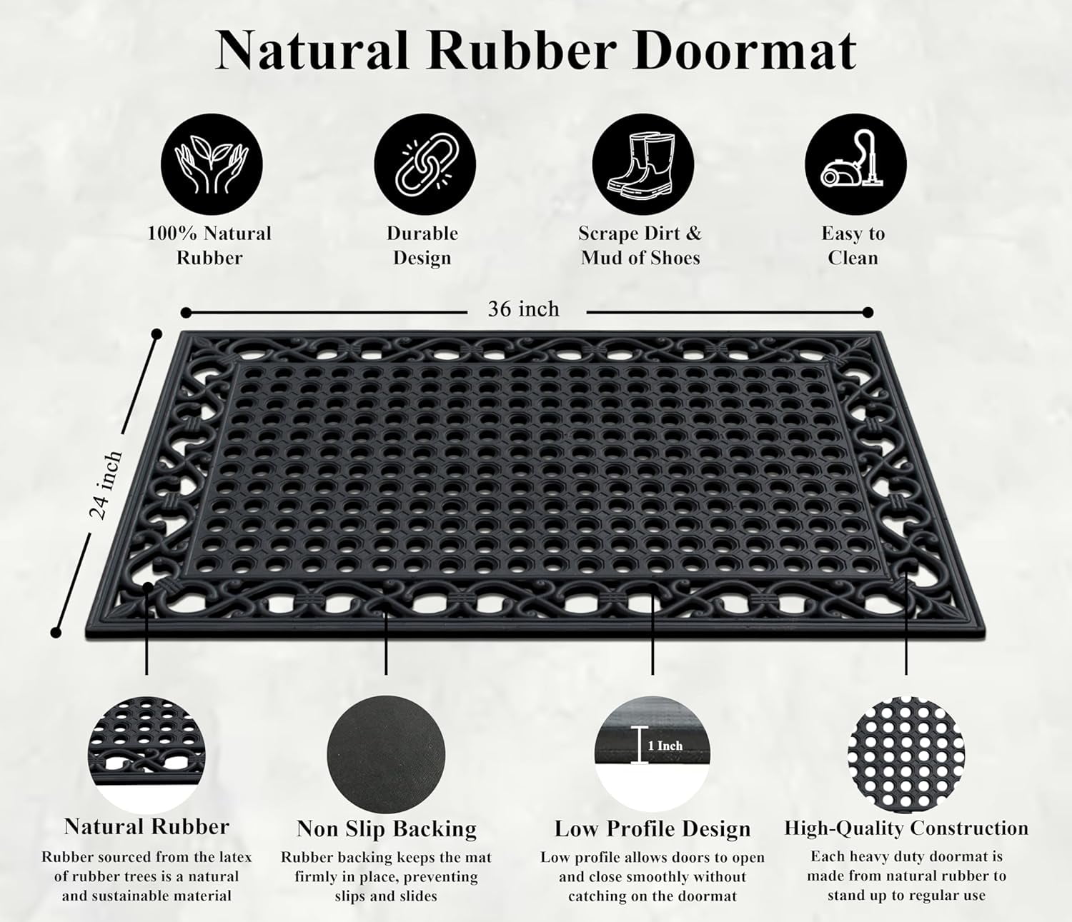 A1HC Natural Rubber Outdoor Doormat 24"x36", Heavy Duty Entryway Mat for Outside, Scrapes Dirt, Easy to Clean, Durable Front Door Mats for Patio, Porch, or Busy Areas