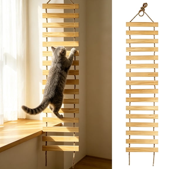 Wooden Cat Wall Ladder, Hanging Cat Climbing Bridge Shelf With Sisal Rope Steps, Wall Mounted Cat Climber Stairway For Indoor Cat Activity Play, Suspended Design