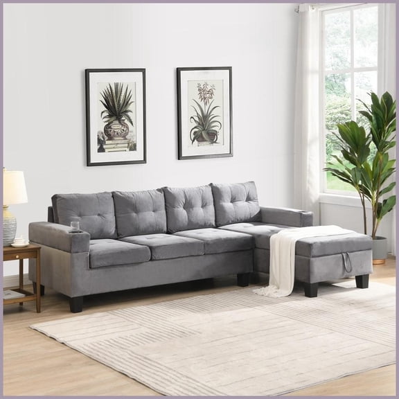 Modern Velvet 4-Seat L-Shaped Sectional Sofa with Right Storage Chaise & Cup Holders for Living Room (Gray)