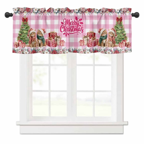 Christmas Valances for Windows Winter Xmas Cats Trees Gifts Flowers Pink Plaid Rod Pocket Curtain Valance Window Treatment Short Curtains for Kitchen Living Room, 60"x14"