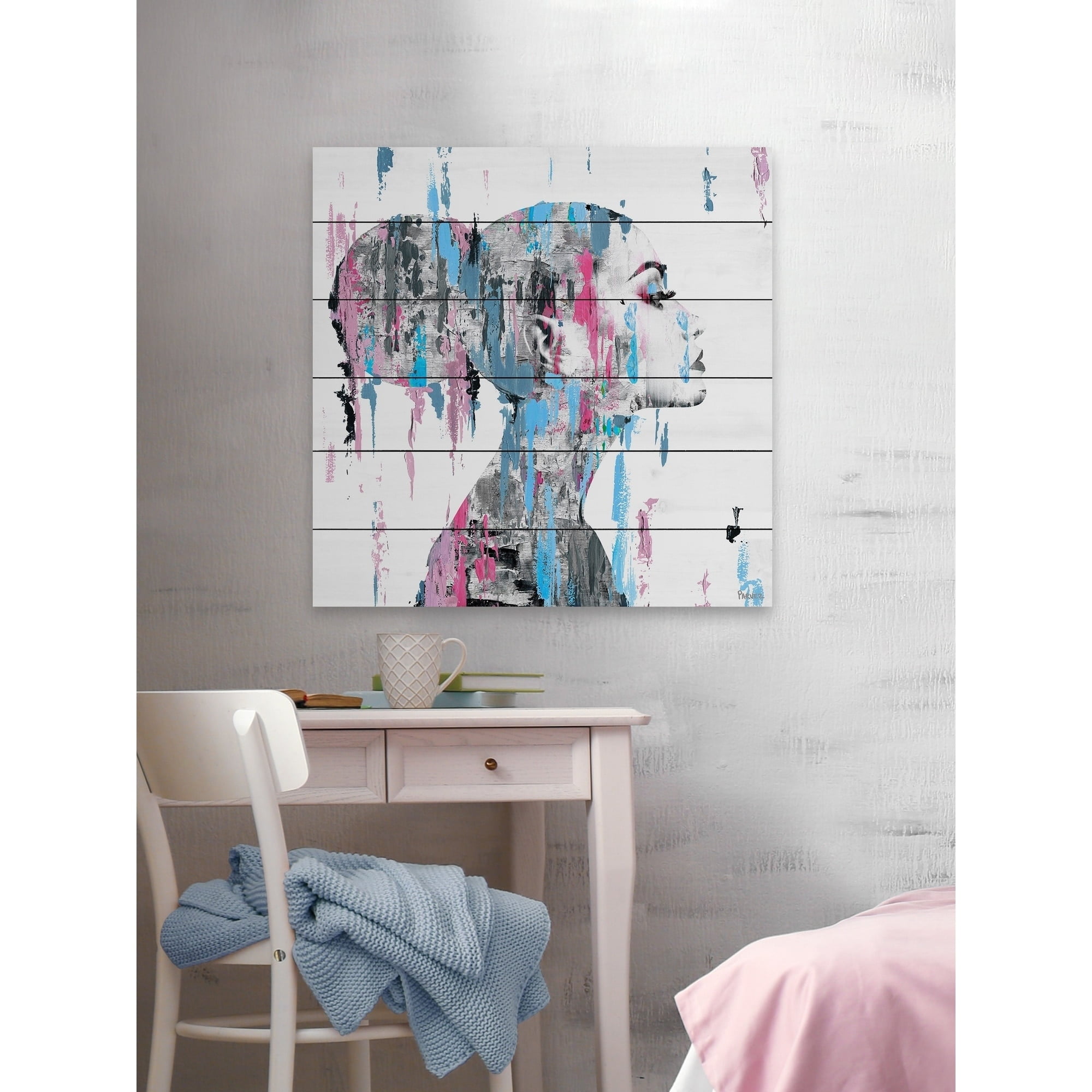 Parvez Taj Pink Blue Face Smudges White Wood Wall Art