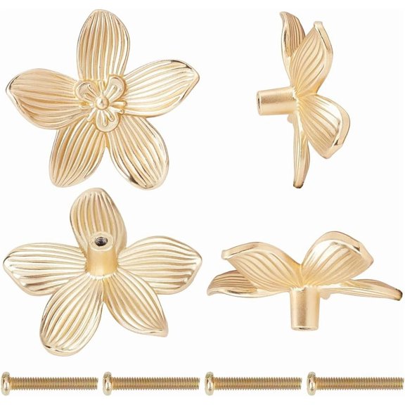 6 Sets Gold Flower Drawer Knobs Cabinet Knobs Dresser Knobs Alloy Drawer Pulls Handles Single Hole Hardware Handle with Screw for Kitchen Furniture Cupboard Wardrobe Door Pulls 2.2x2.3Inch Gold