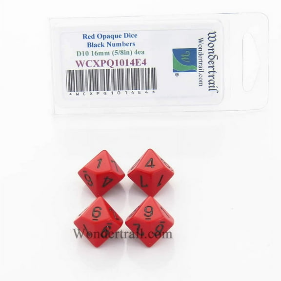 Red Opaque Dice with Black Numbers D10 Aprox 16mm (5/8in) Pack of 4 Wondertrail