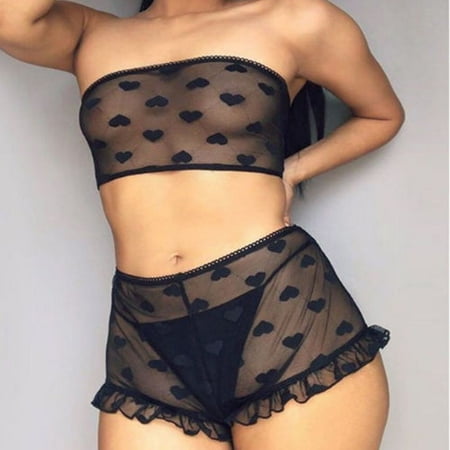 

Women Sexy Lingerie Set Lace Heart Pattern Crop Slim See Through Mesh Top High Waist Ruffle Short Pants Sleepwear Set