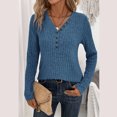 thumbnail image 2 of larppty Women's Pullover Lightweight Sweaters, Long Sleeve V Neck Ribbed Knit Shirts Casual Button Blouses Tunic Tops 2025 Fall Fashion (Blue, S), 2 of 5