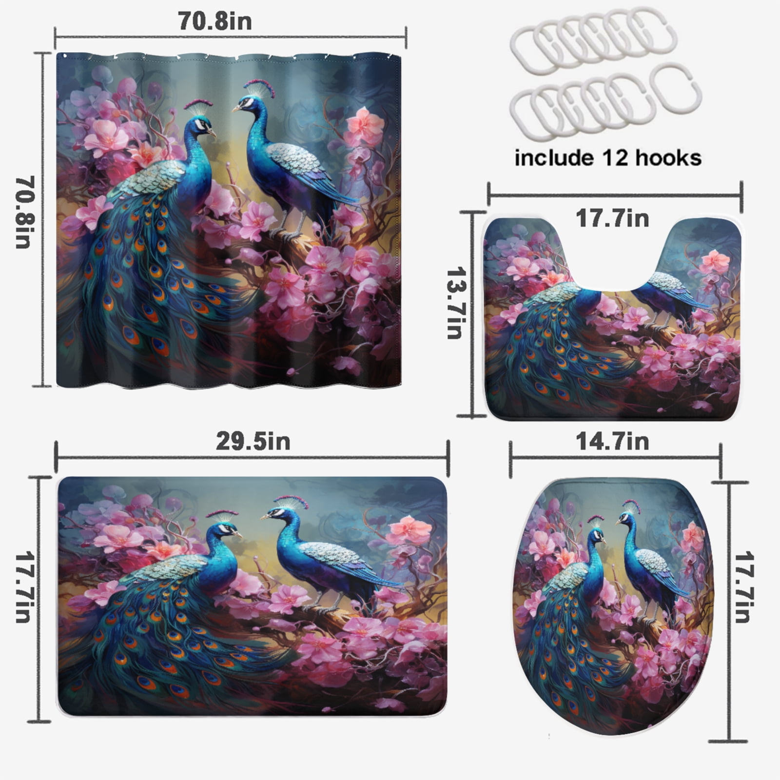 Peacock Shower Curtain Set with Rugs Blue Beautiful Bird Flower Plant Watercolor Bathroom Decor Bath Curtain with Rugs Toilet Lid Cover Bath Mat, 72x72 Inch