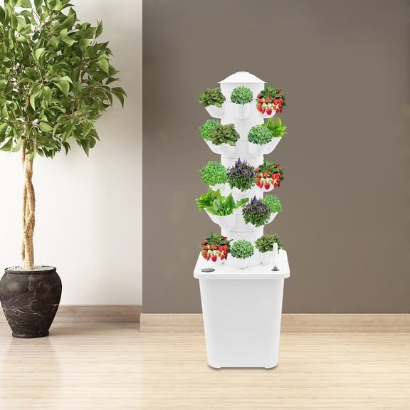 5 Tiers Hydroponic System Kit, White, 25 Holes Hydroponics Tower, Indoor Outdoor Gardening Germination Kits for Home, Balcony, Greenhouse, 100-240V