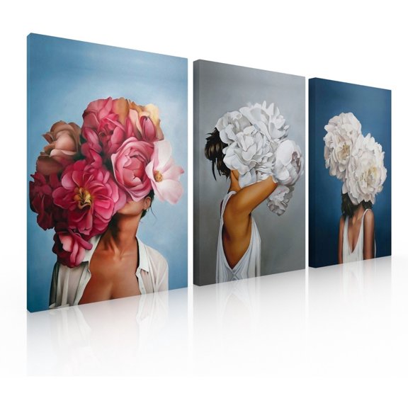 Set De 3 Cuadros Decorativos Modernos Para Sala Rostros Flores Ideas Creativas Cuadro sublimado en tela
