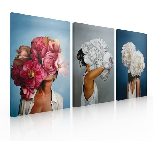 Set De 3 Cuadros Decorativos Modernos Para Sala Rostros Flores Ideas Creativas Cuadro sublimado en tela