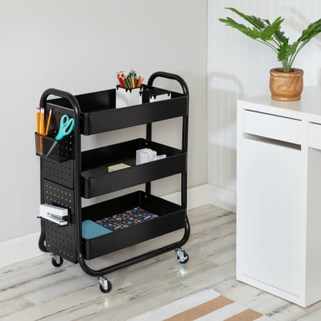 UPC: 0847539096070 | Honey-Can-Do 3-Tier Rolling Craft Cart with Wheels Pegboard Shelf and Metal Basket Black