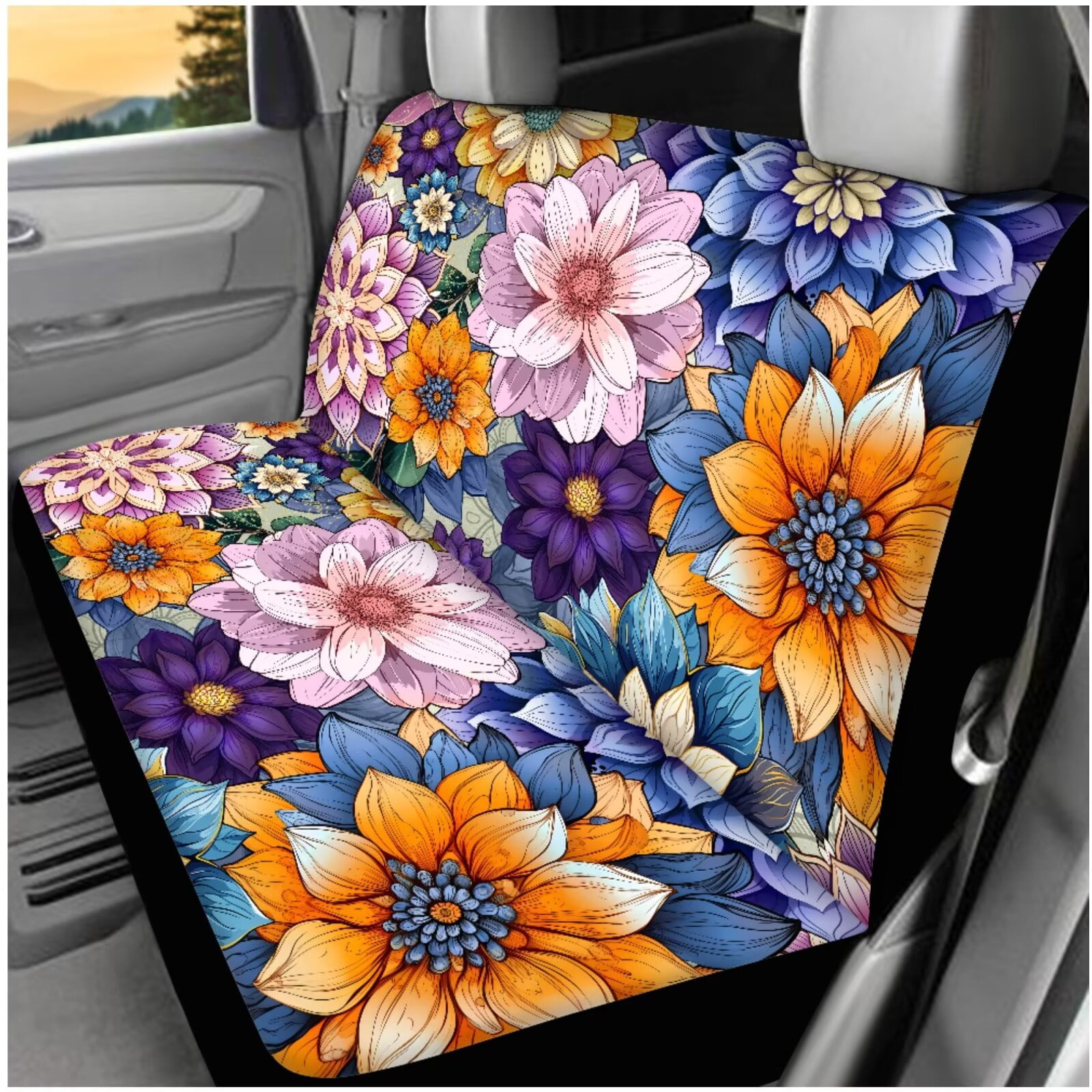 HUIACONG Floral Car Seat Covers Full Set for Women Boho Car Accessories Steering Wheel Cover Seatbelt Covers Coasters Armrest Covers Headrest Covers Keychain,14 Pcs,Universal Fit