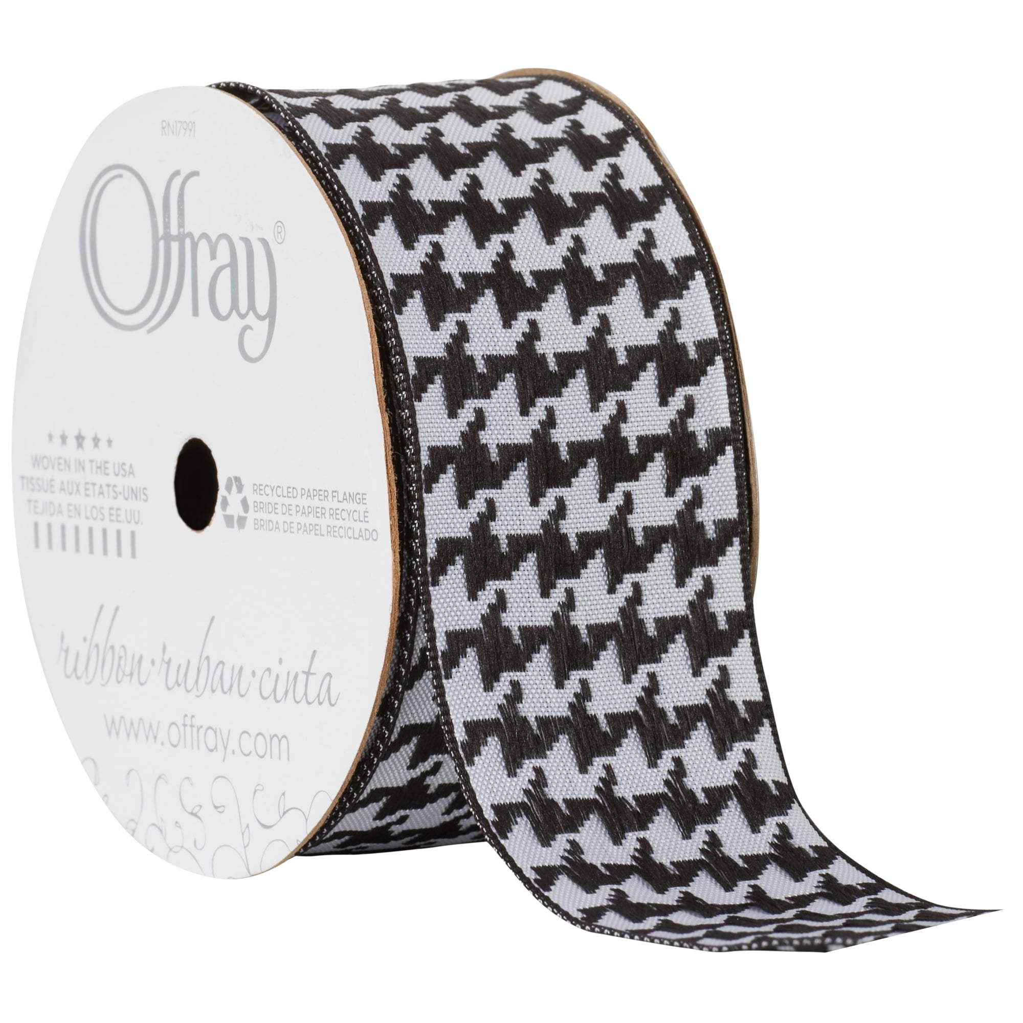 Offray Ribbon, White 1 1/2 inch Wired Houndstooth Woven Ribbon, 9 feet
