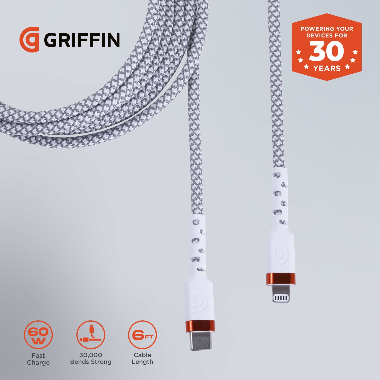 Griffin 6FT Ultra Durable Lightning to USB-C Charge & Sync Cable – 60W Fast Charging, 30,000 Bends Strong, Nylon Braided, Universal Compatibility