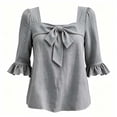 thumbnail image 5 of Mifsaly Womens Square Neck Blouses Front Bow 3/4 Ruffle Bell Sleeve Tops Lightweight Textured Loose Fit Dressy Casual Work Linen Blouse Gray,XXL, 5 of 5