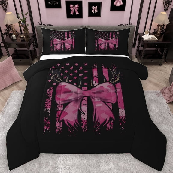 Manfei Retro Pink Bowknot Bedding Comforter Set for Girl, Western American Flag Twin Comforter Sets, Camo Abstract Ombre Reversible Bedding Set, Breathable Home Decor, 2pcs