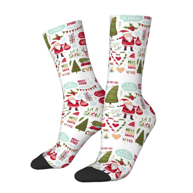 Fotbe Snowflakes Santa Claus Calcetas Largas con Estampado para Hombre y Mujer – Calcetas de Compresión Transpirables y Elásticas, Viajar y Uso Diario Talla 5-11