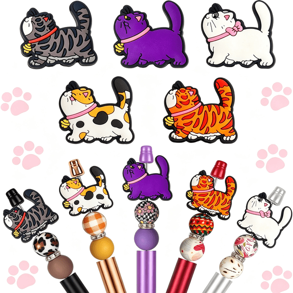 DESIGNICE 5Pcs Silicone Focal Beads,Assorted Multi Color Cartoon Cat Shaped Charms for Bracelets,Keychains,Beadable Pens,Birthday Gifts,Holiday Gifts,Classroom Crafts,3Mm Inner Hole