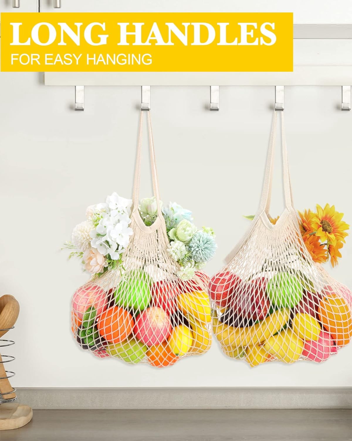 YEKEYI 24 Pcs Reusable Cotton Mesh Produce Shopping Bags Washable Grocery Net Portable Fruit and Vegetable Cotton String Bags Long Handle Net Tote Organizer(Short Handle)