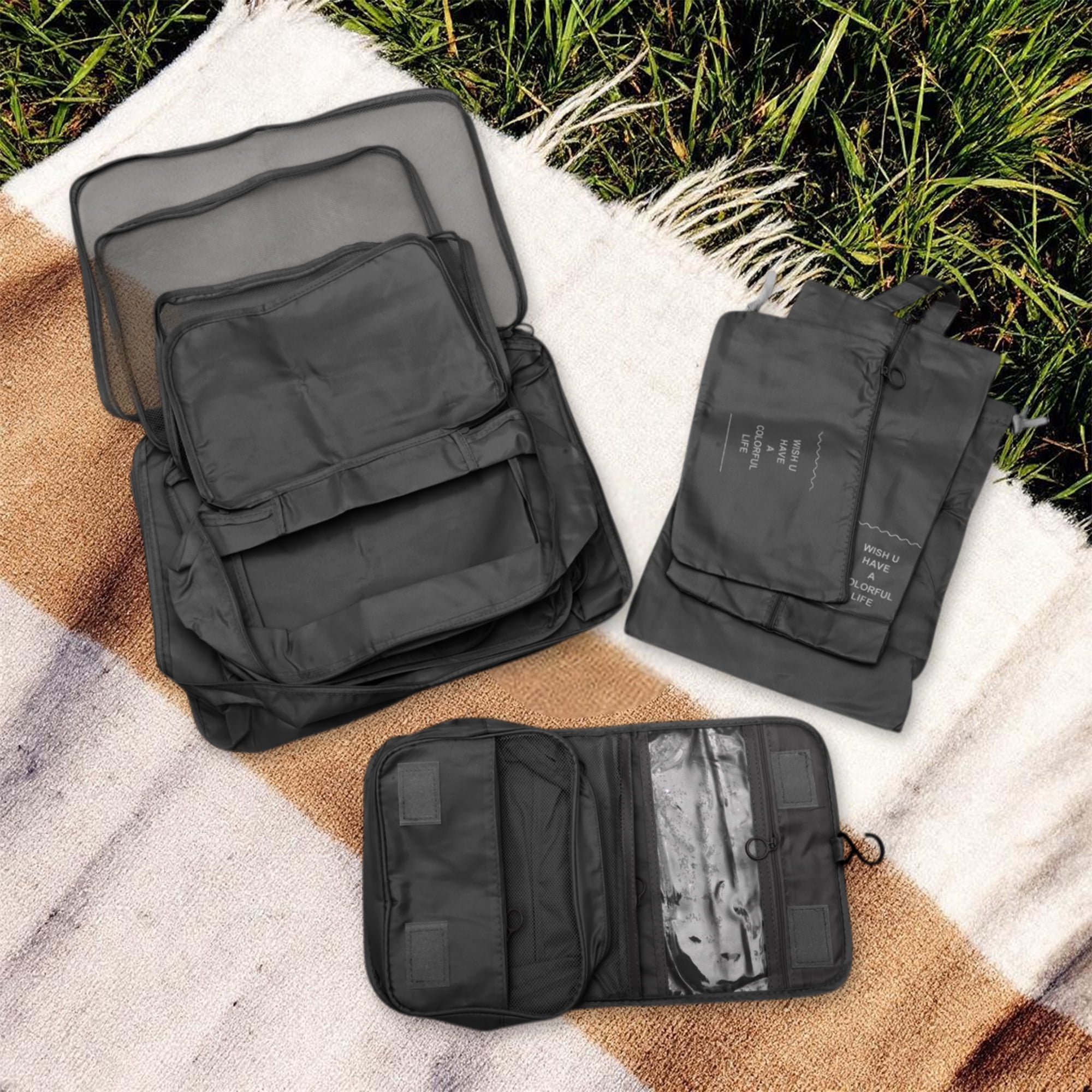 Unique Bargains 8 Pcs Portable Packing Cube Set for Luggage Black