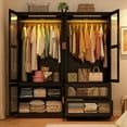 thumbnail image 6 of Full Glass 4 Door Wardrobe Combination for Bedroom, 71"H 63"W Armoire Wardrobe Closet with Mirror & 2 Drawers & LED Hanging Rod, 6 of 8