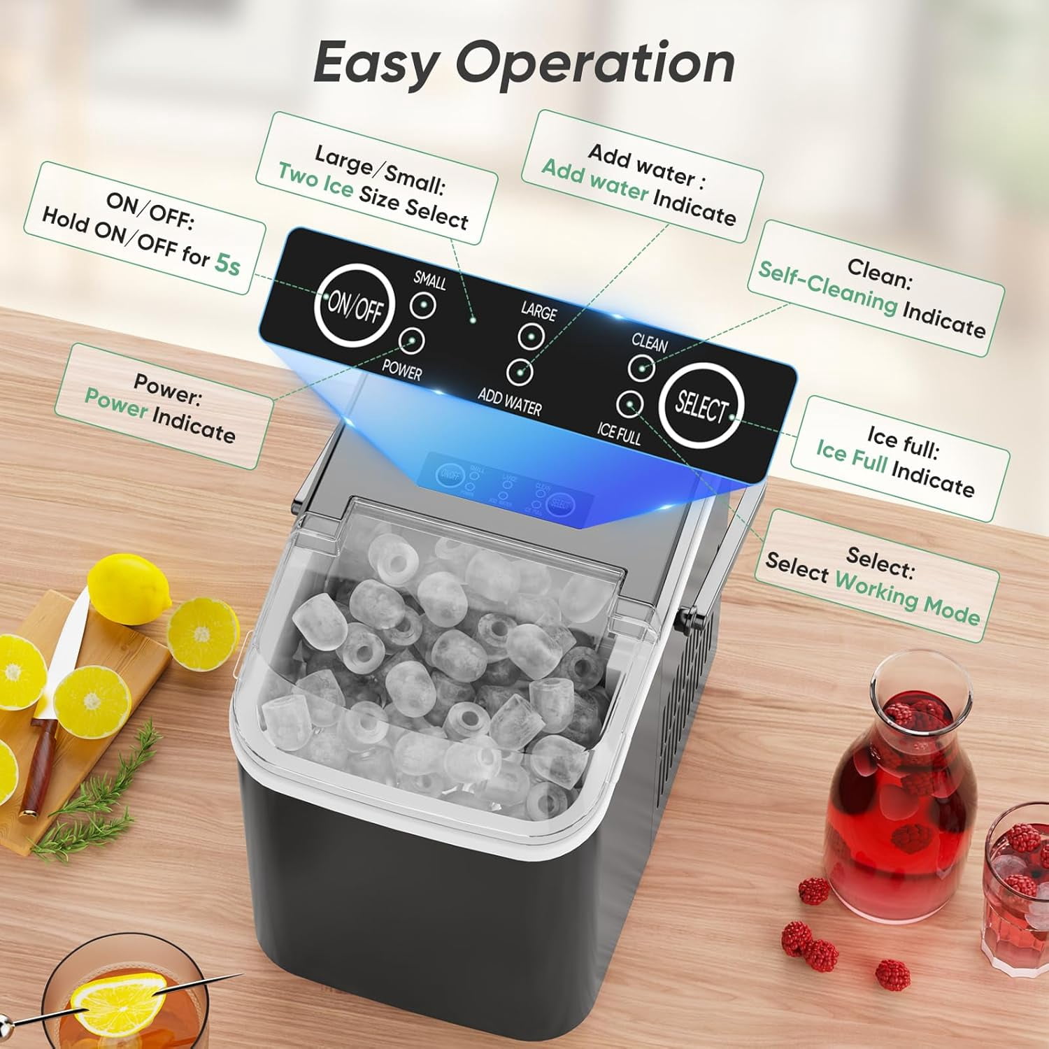 Portable Countertop Ice Maker, 26lbs/24H, 9 Bullet Cubes in 6 Mins, Self-Cleaning, Quiet Compact for Home, Kitchen, RV, Camping, Black