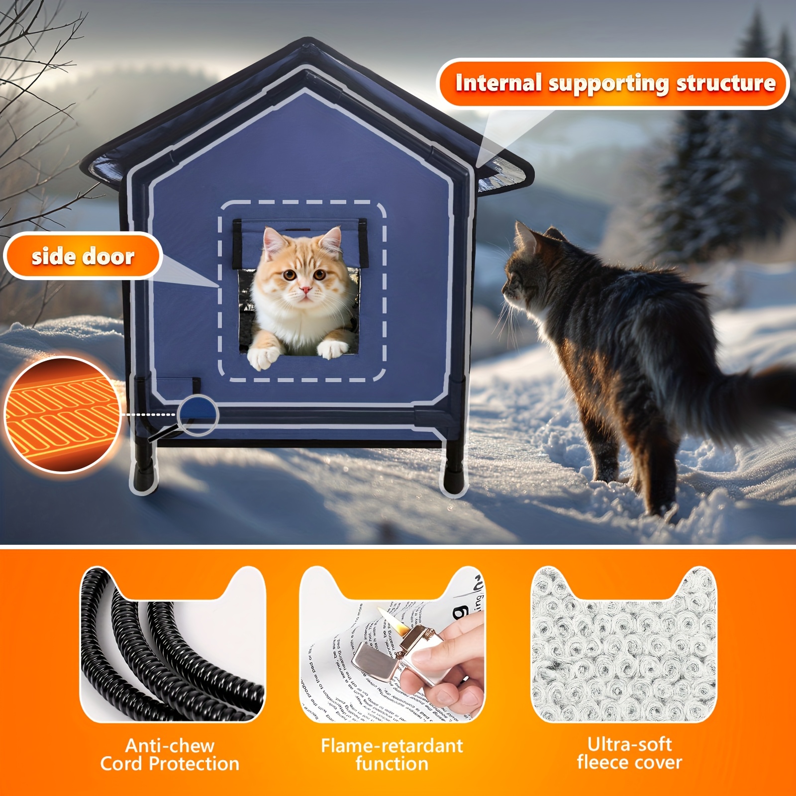 Outdoor Heated Cat House, Extremely Insulated Winter Cat Shelter with Eaves & Escape Door, Elevated for Outside Stray Barn Cat