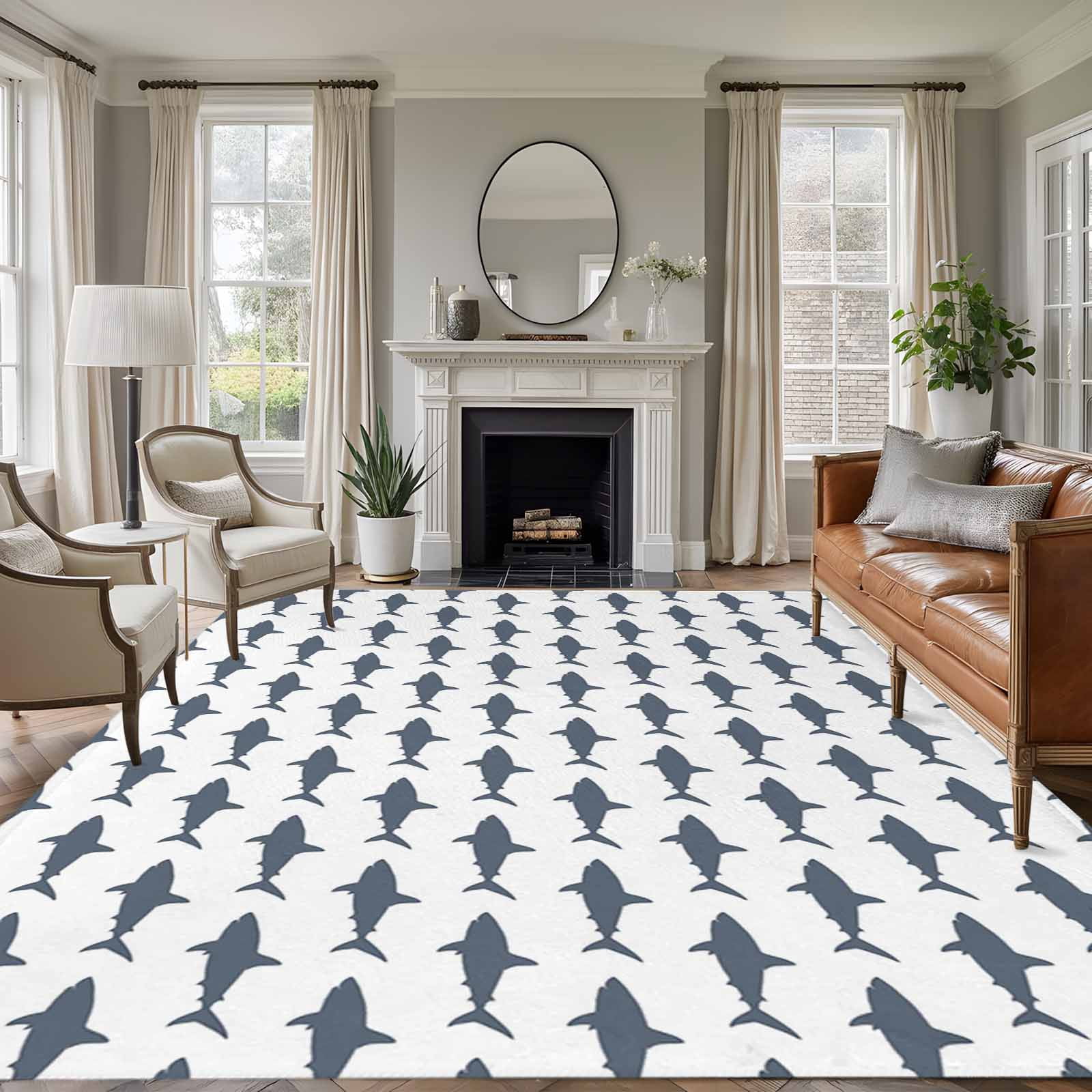 6x9 Area Rugs for Living Room, Blue Grey Sharks Non Slip Area Rugs for Kitchen Bedroom Entryway, Modern Coastal Ocean Animals Washable Carpet Runner Rug Floor Mats for Bedroom Home Decor