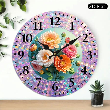 Decorative Floral Mosaic Wall Clock 10x10 Inch Round Colorful Stained Glass Style Wall Decor for Home Office Battery Not Included 1pc
