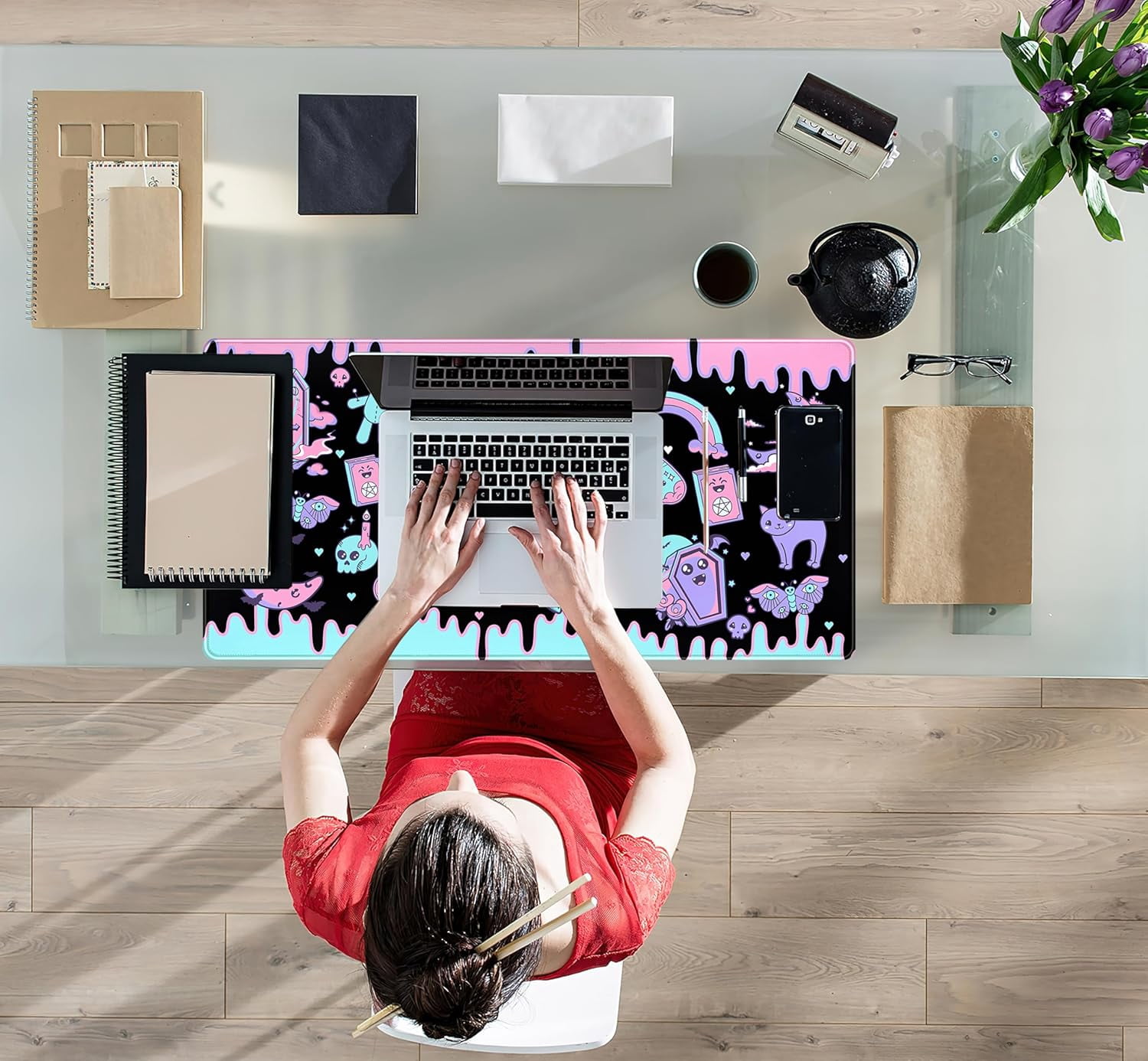Purple Desk Mat Japanese Desk Pad Cute Fuji Mountain Gaming Mousepad Large, Cherry Blossom Mouse Pad XXL Desk Mats, Kawaii Anime Deskmats Desktop Protector Laptop Keyboard Mat Pad 31.5x15.75 in
