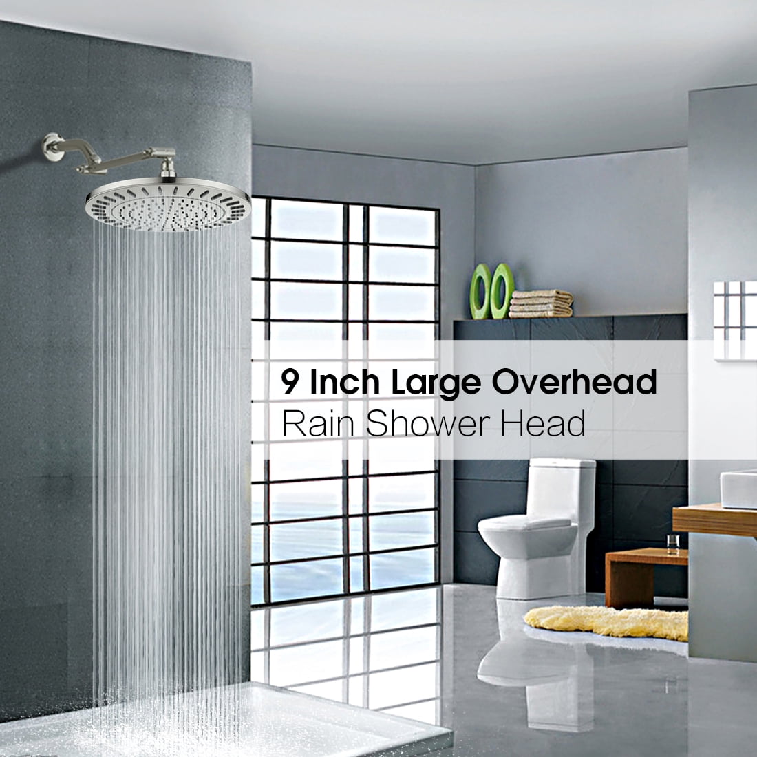 BRIGHT SHOWERS Rain Shower Head, 9 inch High Pressure Waterfall Showerhead with Adjustable Angle and Anti-clogging Silicone Nozzles, Luxury Bathroom Overhead Rainfall Shower Head, Brushed Nickel