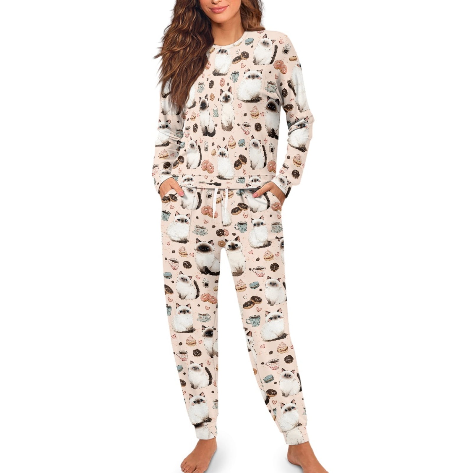 SCRAWLGOD Cat Coffee Cake Heart Print Women s Sleepwear Sets 2Pcs Fall Casual Pjs Pants Lightweight Long-Sleeve Round Collar Top and Full-Length Bottom with Drawstring & Pockets M
