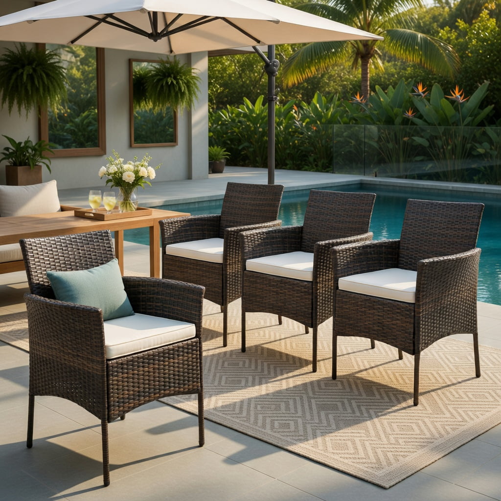 Hommoo 4-Piece Outdoor Dining Chair Set with Off-White Cushions, PE Rattan & Acacia Wood Frames, Rust-Resistant Metal Base, Patio, Poolside & Balcony Ready, Brown