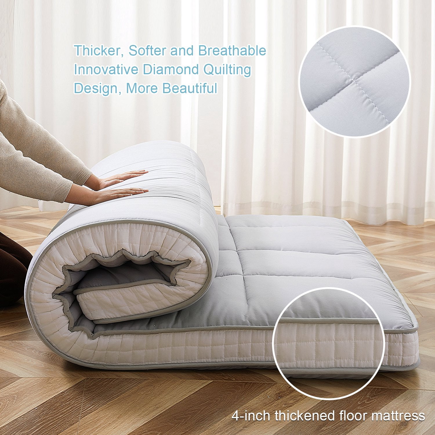 BRONKIGE Japanese Floor Mattress, Extra Thick Memory Foam Futon Mattress, Foldable Roll Up Sleeping Pad with Bandage and Storage Bag, Twin, Gray