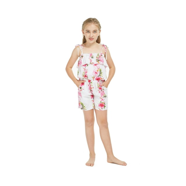 Girl Hawaiian Ruffle Top Jumpsuit Romper in Pink White Hibiscus Vine